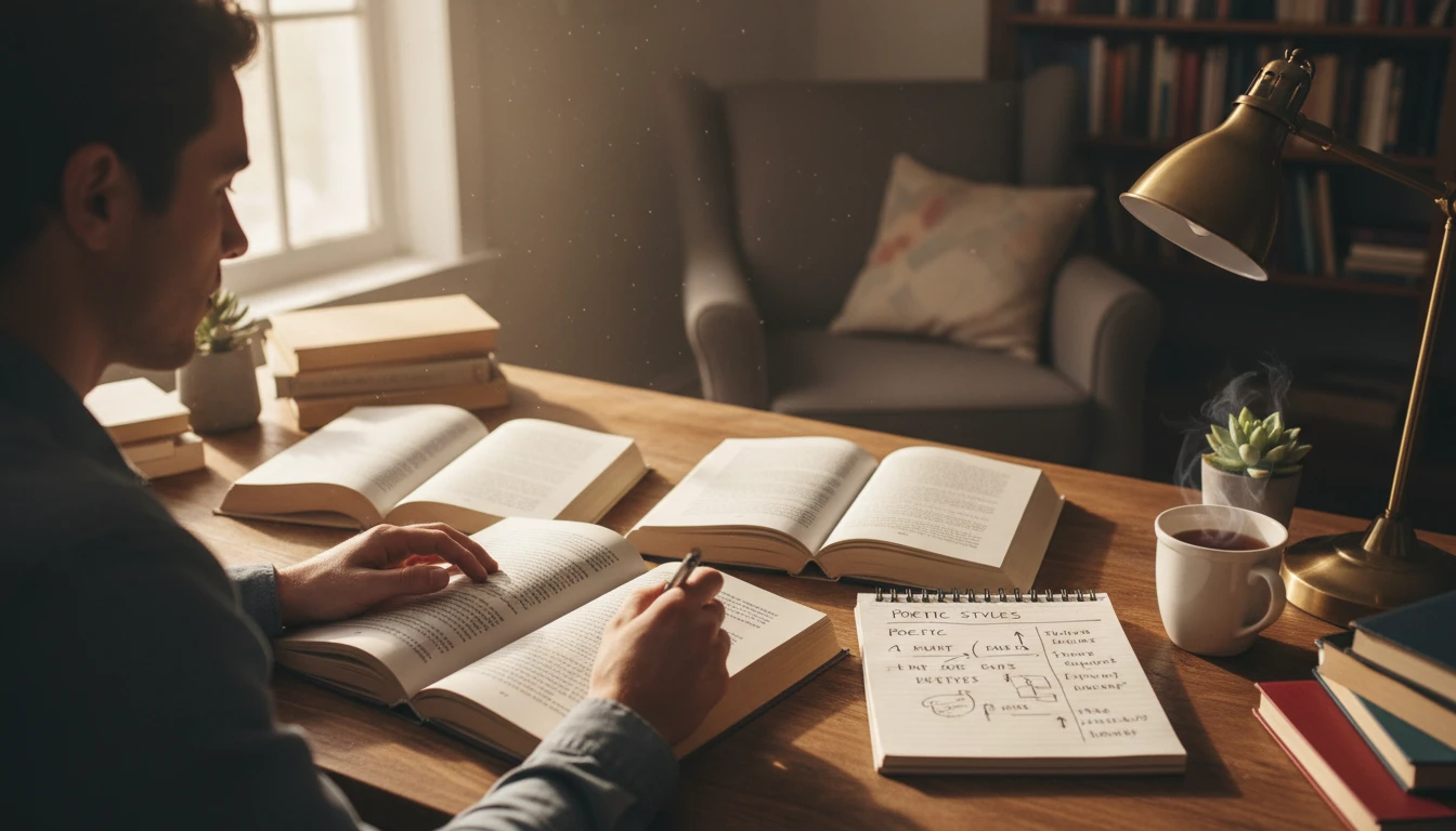 Poetry reader at a desk comparing different poetic styles in a collection of poetry books