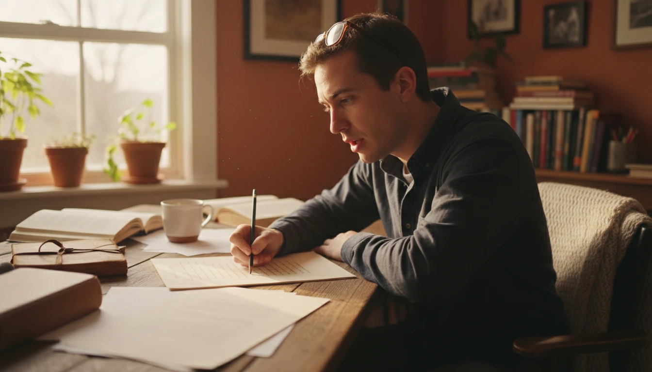 Poet reading a poem aloud with a focused expression, emphasizing specific imagery in the lines