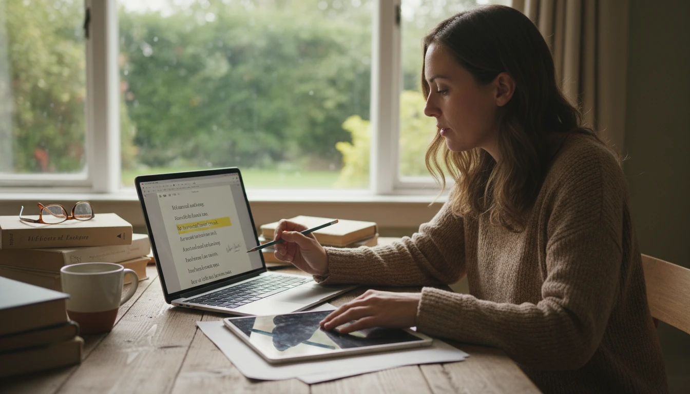 Writing teacher at a desk reviewing craft notes alongside a poem on a laptop for a student discussion