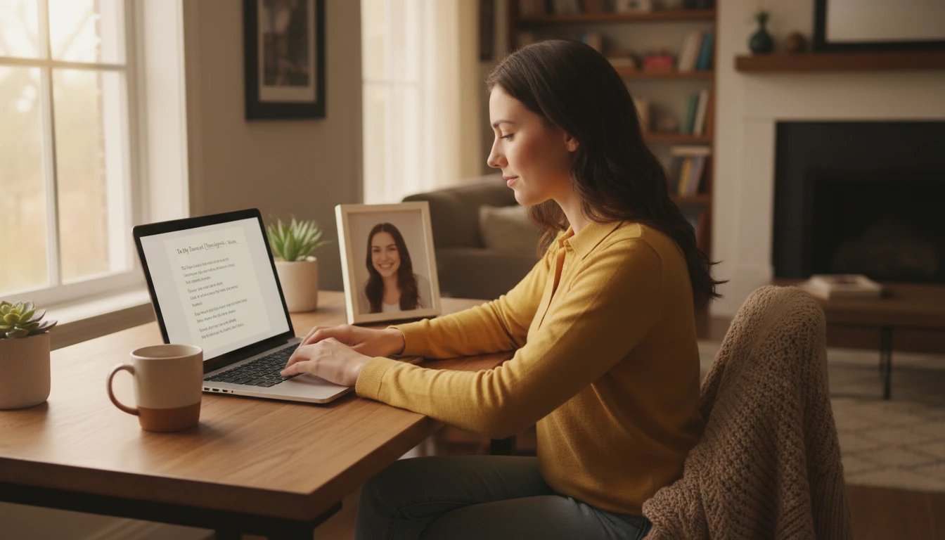 Person at a desk writing a personal poem as a gift for a birthday on a laptop