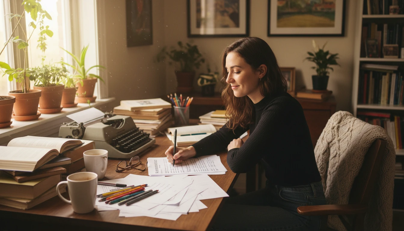Poet at a desk using an AI poem as a starting point for their own rewriting on a laptop