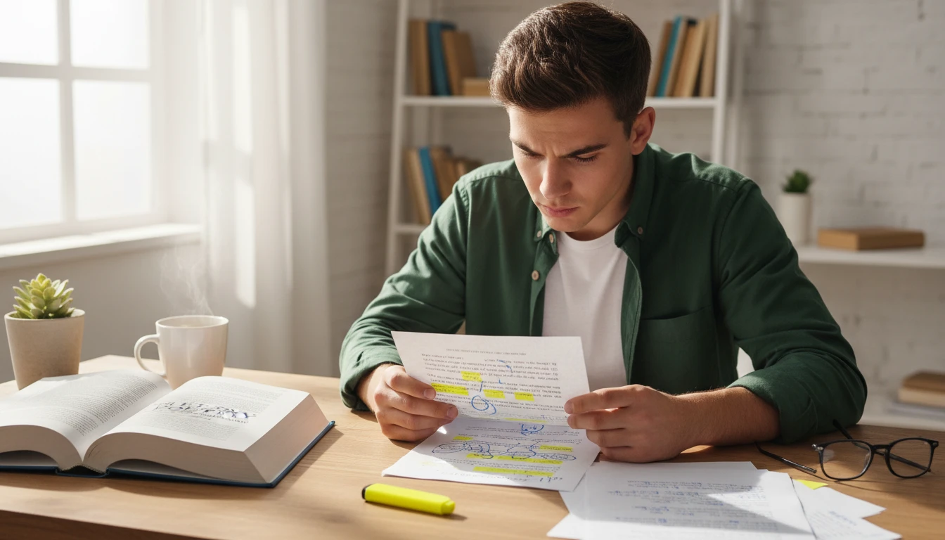 Student at a desk analyzing a generated poem alongside a creative writing textbook