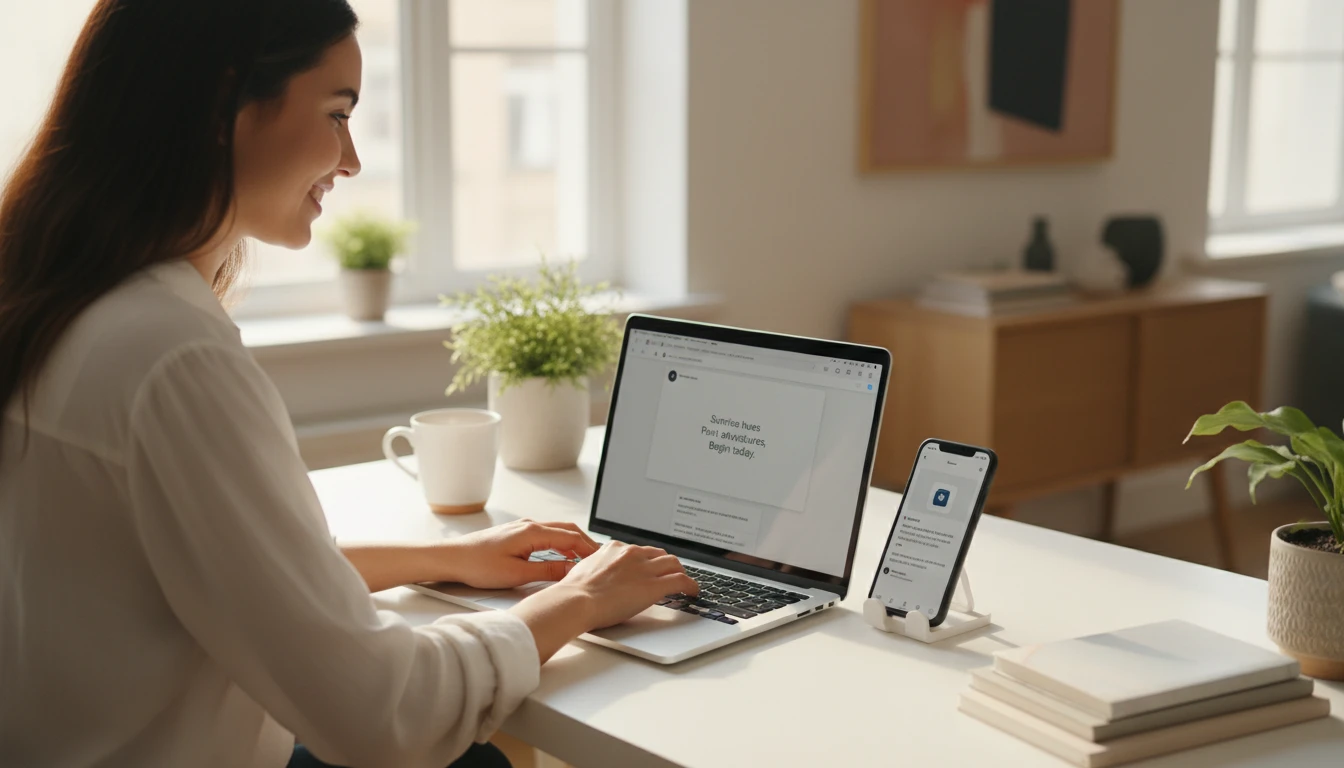 Content creator at a desk using a short poem for a social media post on a laptop