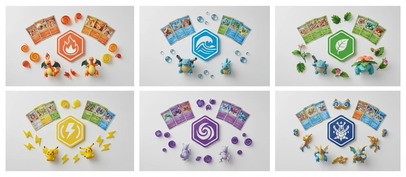 Wide photo collage showing Pokemon type symbols and representative Pokemon for each major type category