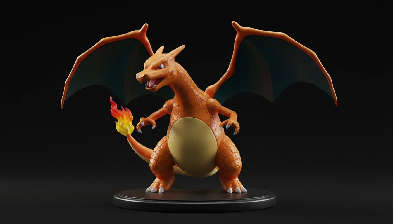 A detailed close-up of a Pokemon figurine collection showing iconic fire-type Pokemon including Charizard