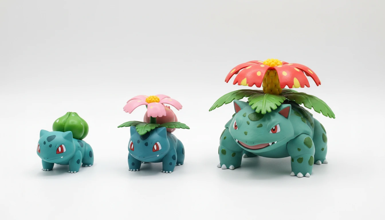 Three-stage Pokemon evolution figurines arranged in a row showing the progression from base form to final evolution
