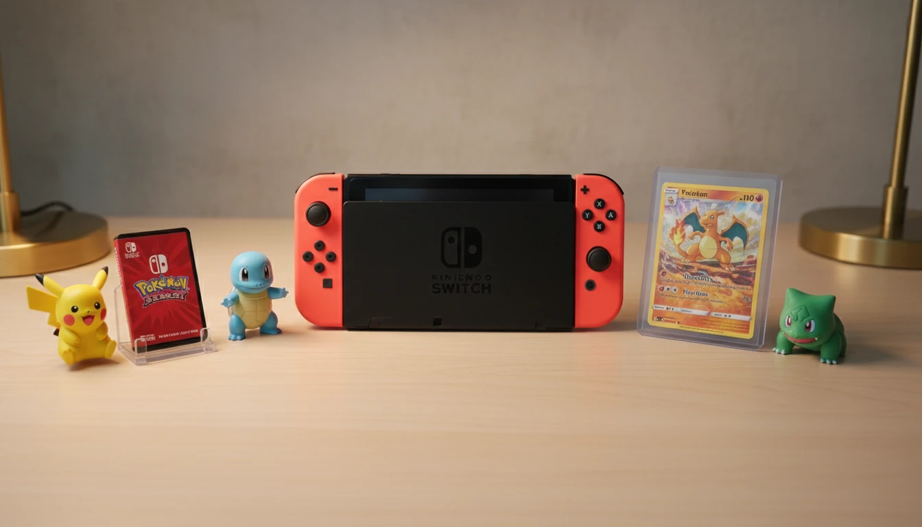 A young person holding a Nintendo Switch showing a Pokemon game with unfamiliar Pokemon on screen