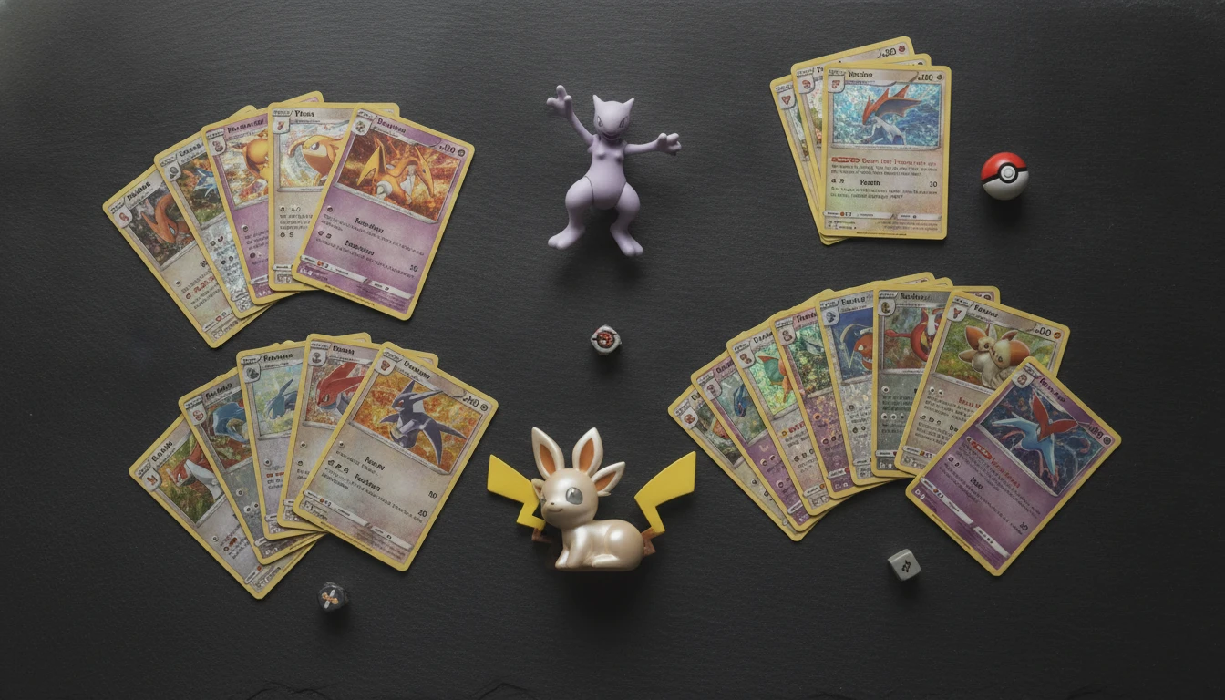 A spread of Pokemon trading cards and figurines on a display surface being examined