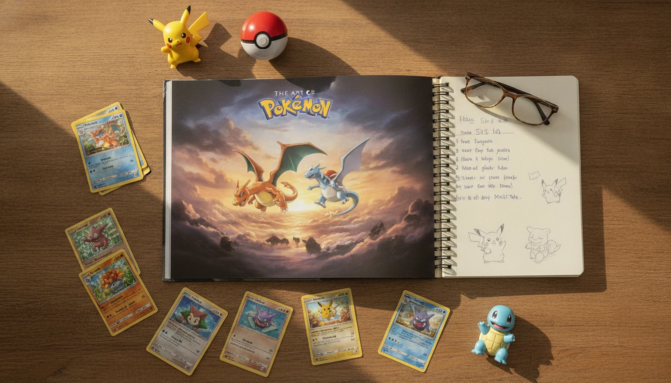 A Pokemon fan at a desk with Pokemon merchandise, cards, and a laptop open to a Pokemon database website