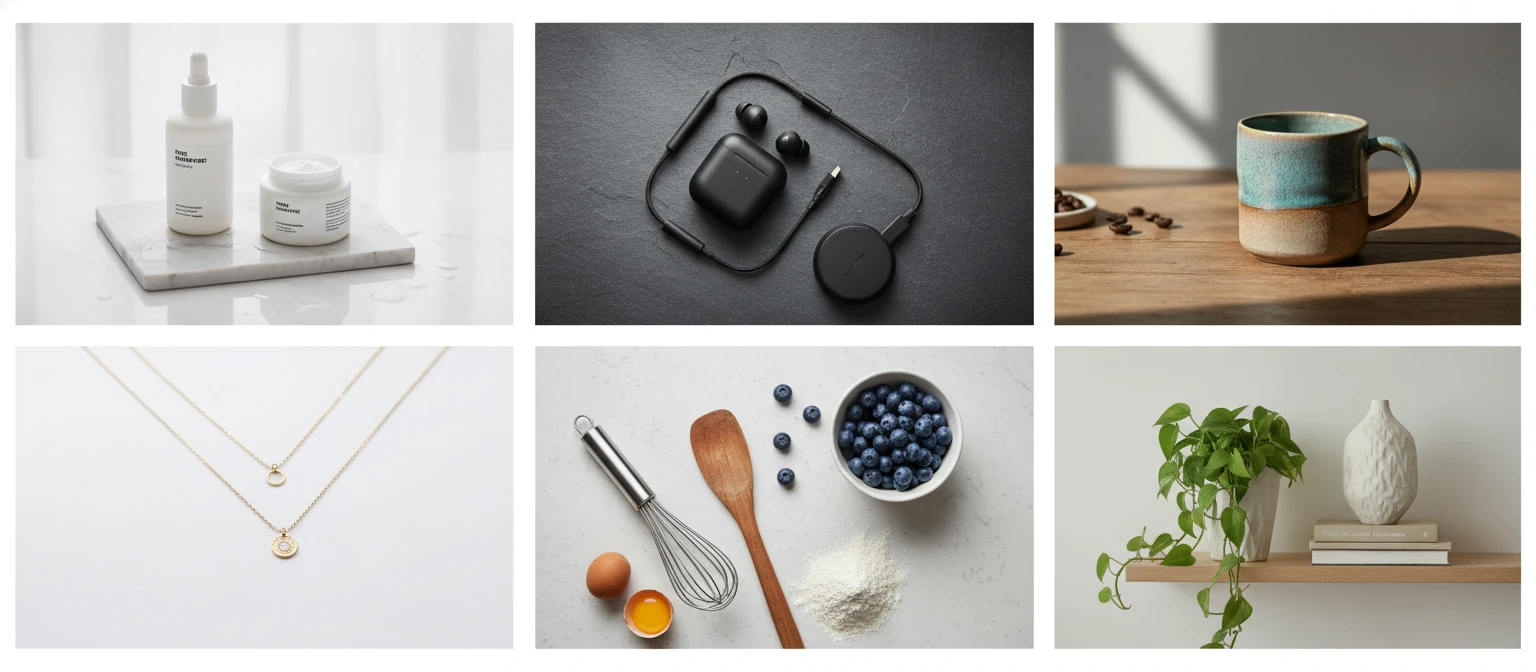Wide editorial collage of diverse product types with product description copy beside each