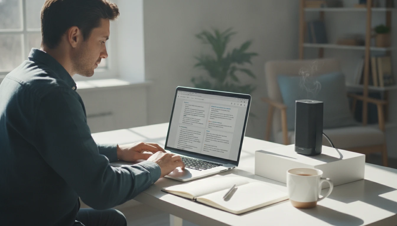 Copywriter at a desk reviewing three versions of a product description on a laptop beside a product sample