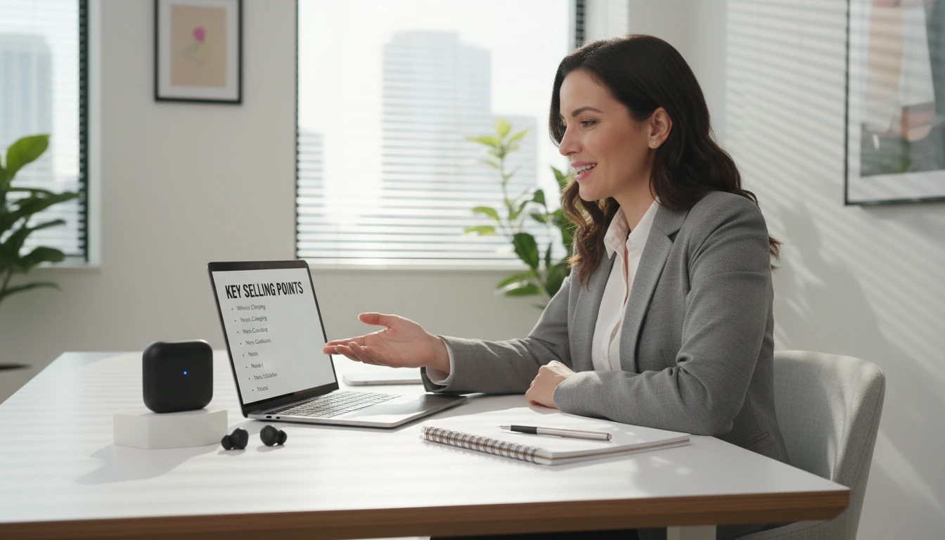Product marketer at a desk reviewing specific benefit-focused selling points for a product on a laptop