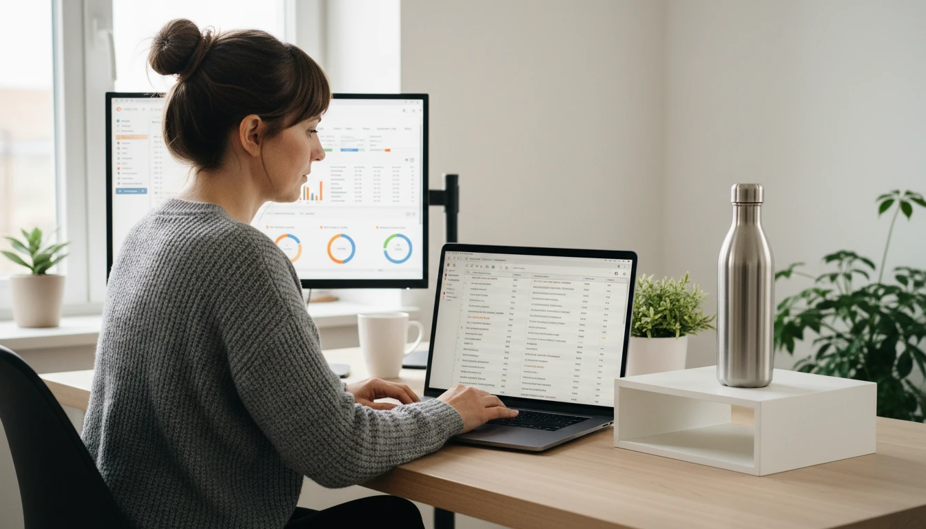 SEO specialist at a desk reviewing product SEO keywords and category paths generated from a product photo on a laptop