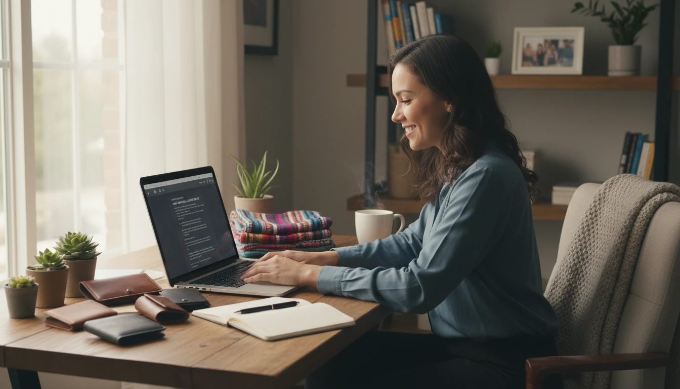 E-commerce store owner at a desk using an AI tool to generate product listings for their online shop on a laptop