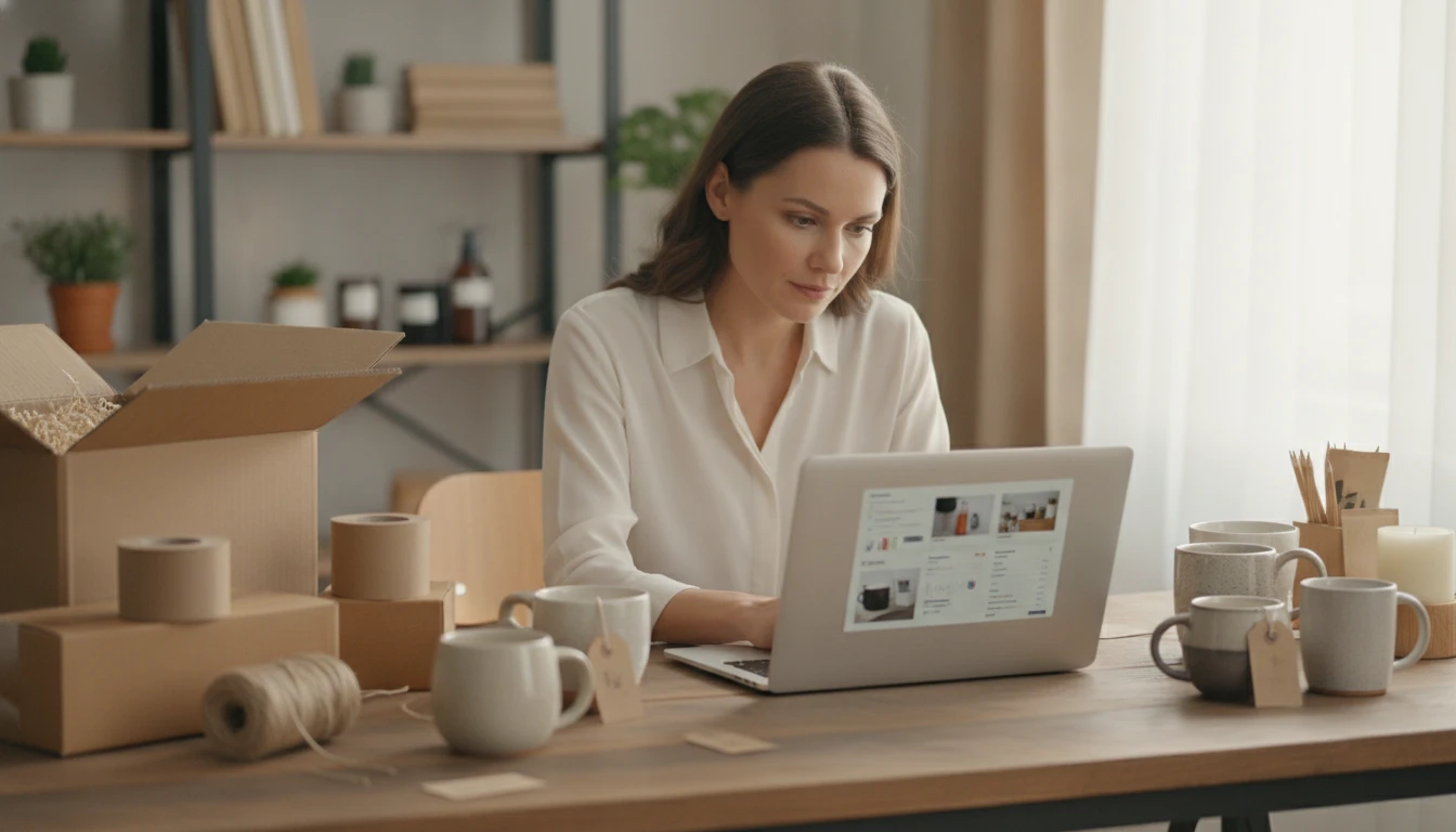 Marketplace seller at a desk using an AI product listing tool to optimise their Amazon and Etsy listings on a laptop