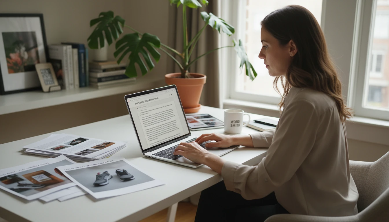 Freelance copywriter at a desk using an AI tool to generate first-draft product descriptions for clients on a laptop