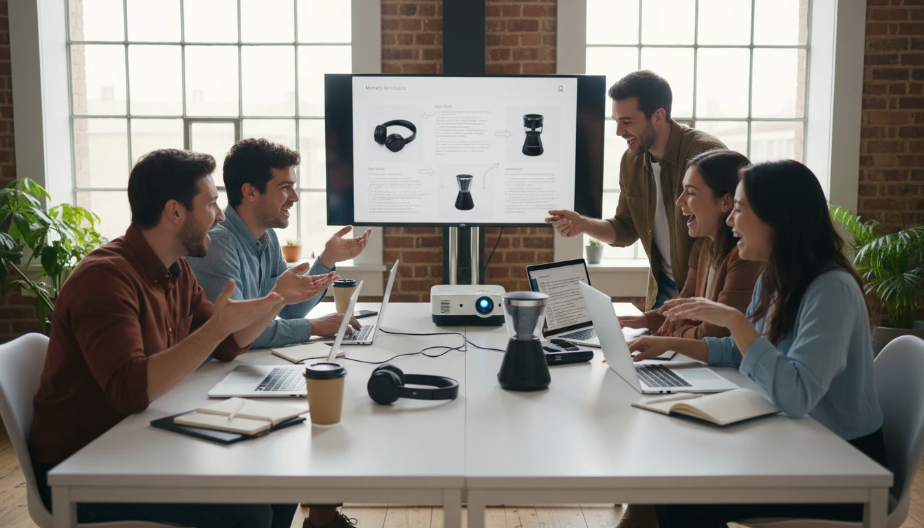 Marketing team at a table reviewing AI-generated product copy for a new product launch on laptops and a shared screen