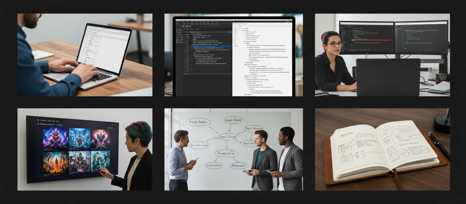 Wide editorial collage of prompt engineers, AI users, and developers working with AI prompts in professional settings