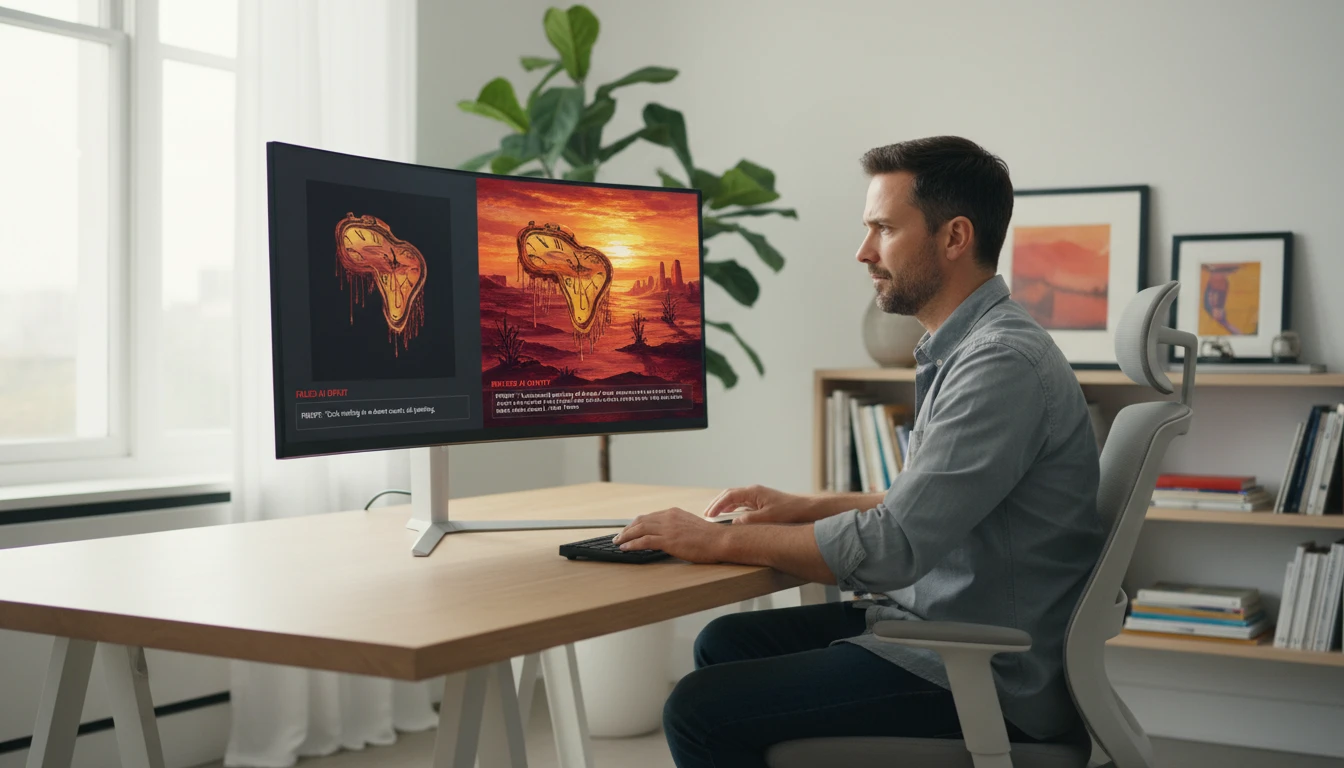 Developer at a desk reviewing a failed AI output beside an improved prompt on a laptop