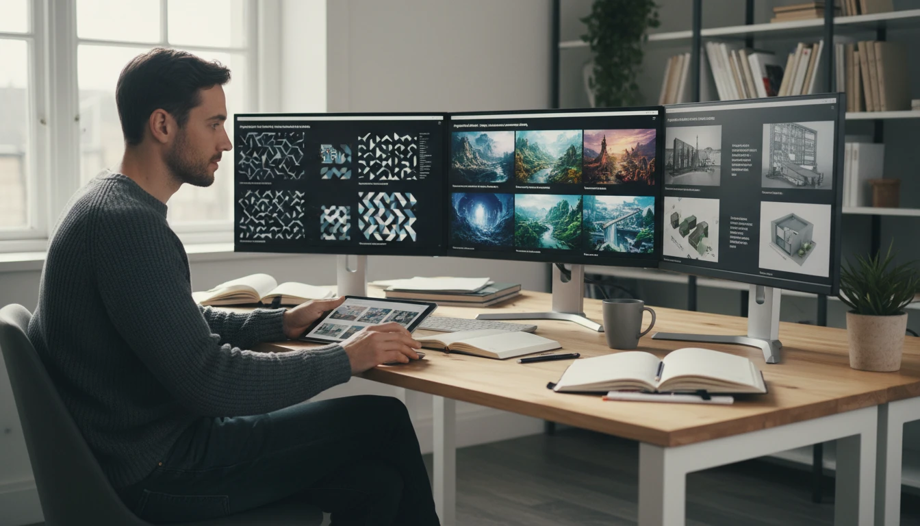 Designer at a desk comparing prompt results across different AI image generation tools on multiple screens