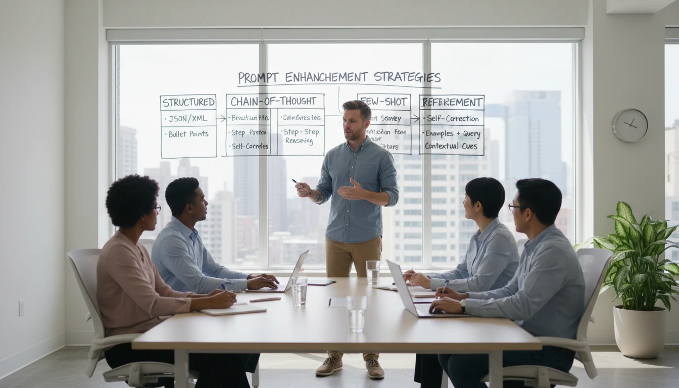 Prompt engineer at a whiteboard mapping out different prompt enhancement strategies for a team workshop