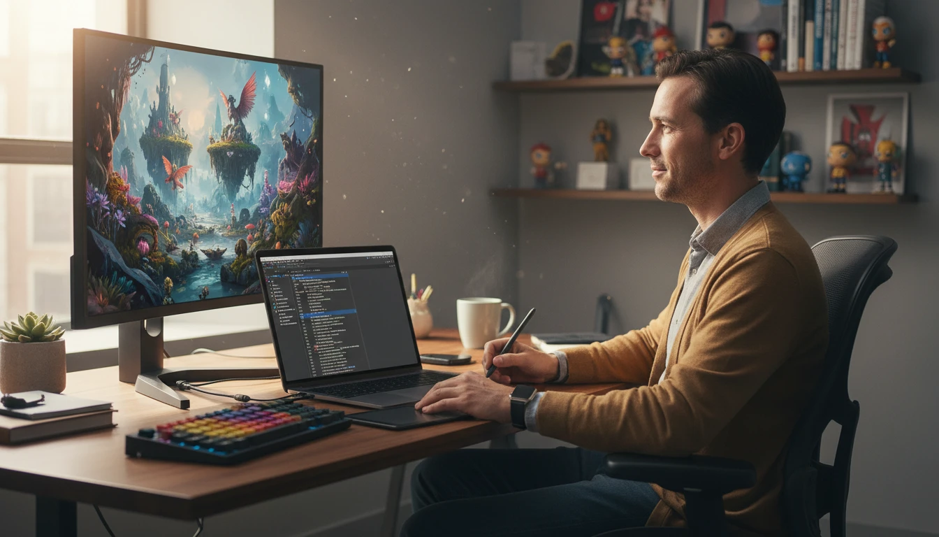 Digital artist at a desk enhancing an image generation prompt for Midjourney on a laptop