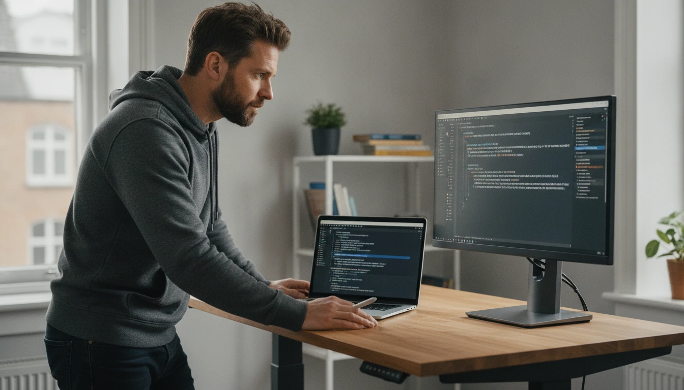 Software developer at a desk enhancing a code generation prompt for an AI coding tool on a laptop