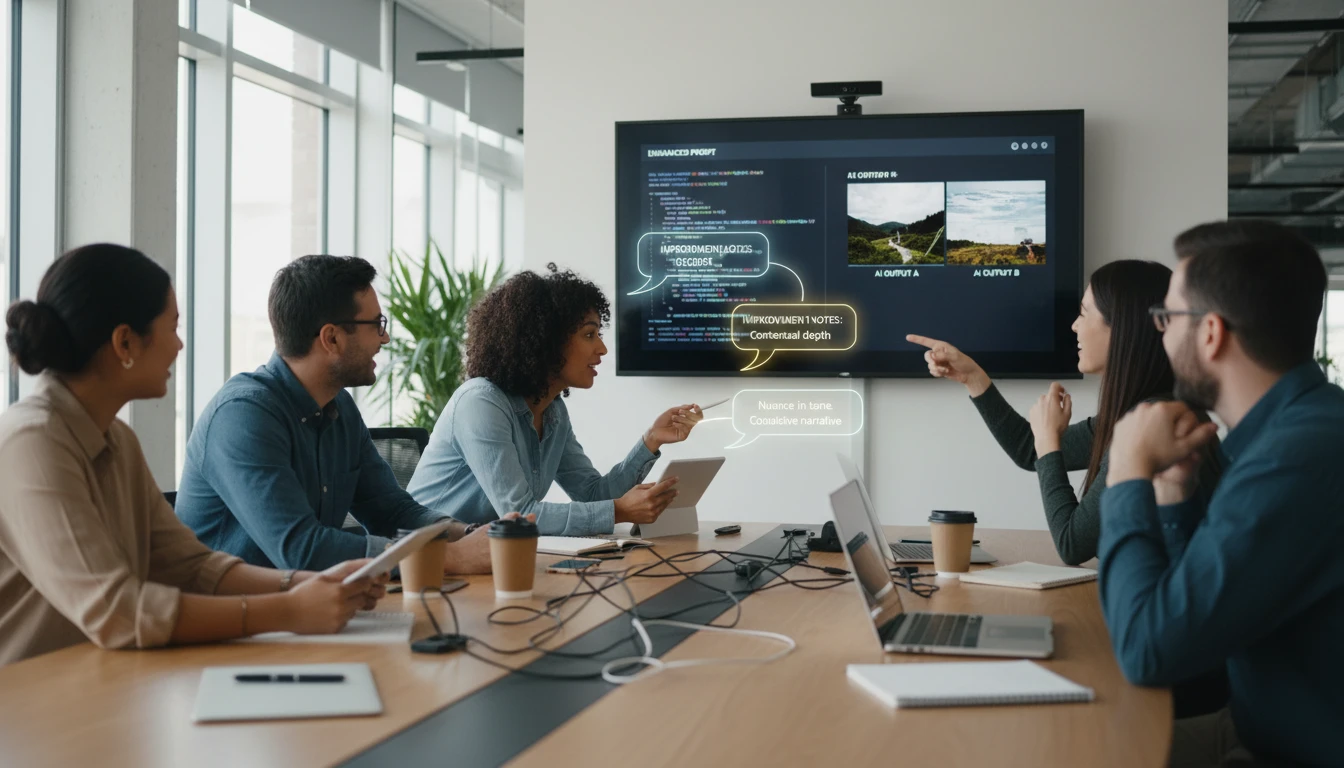 AI team at a conference table reviewing enhanced prompts and comparing outputs on a projected screen