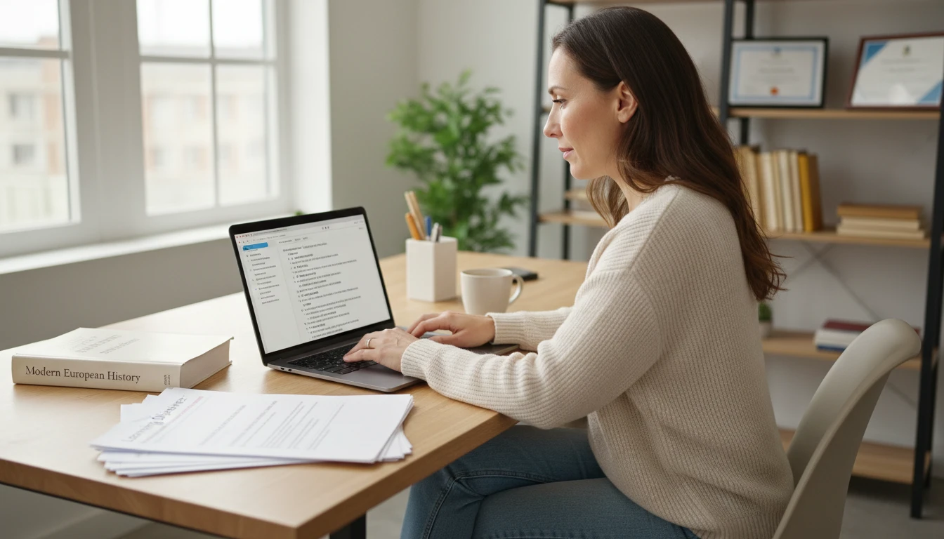 Teacher at a desk creating a quiz question set on a laptop for an upcoming class assessment