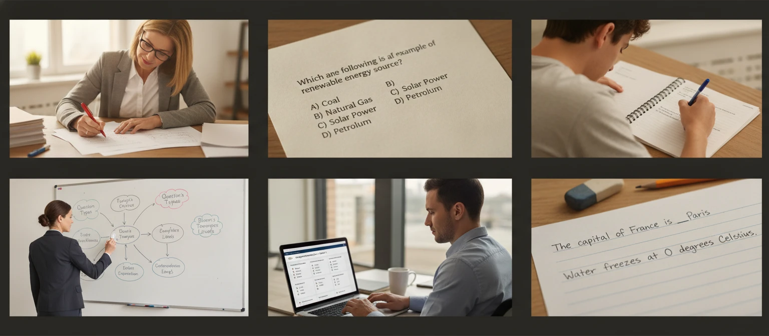 Wide editorial collage of educators, test designers, and students working with assessment questions in various settings