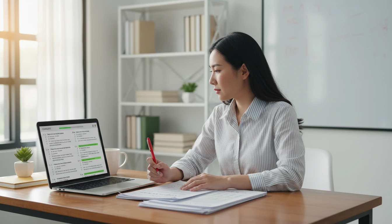 Educator reviewing a complete multiple choice question set with answer explanations on a laptop
