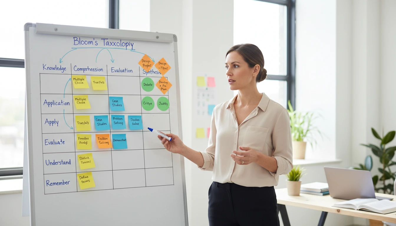 Curriculum designer at a desk mapping question difficulty levels on a whiteboard for a course assessment plan