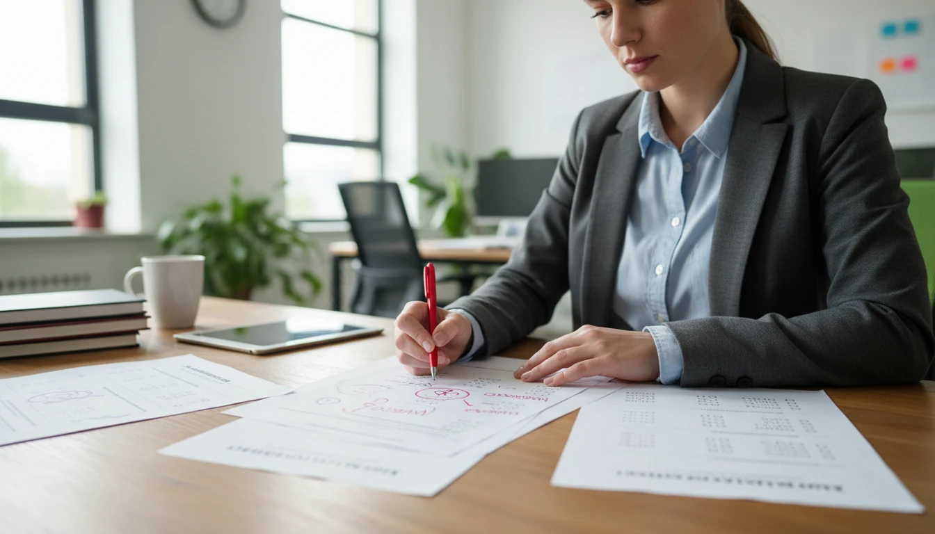 Test designer at a desk evaluating the quality of multiple choice distractors on a printed quiz