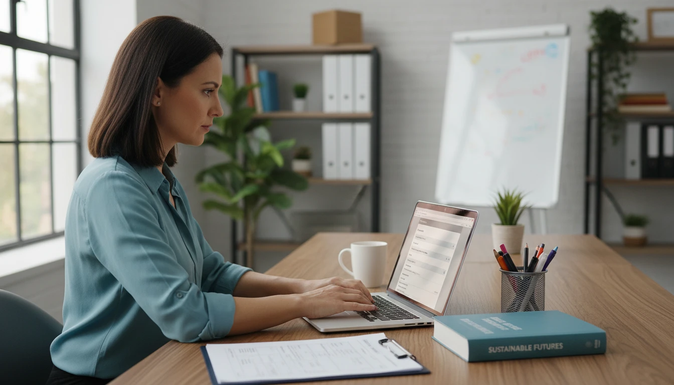 Teacher at a desk generating a quiz for an upcoming class using the AI question generator on a laptop