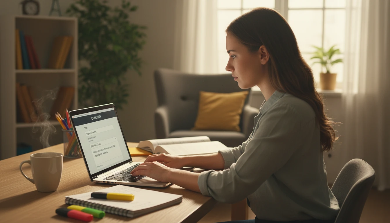 Student at a desk generating practice questions for an upcoming exam using a laptop