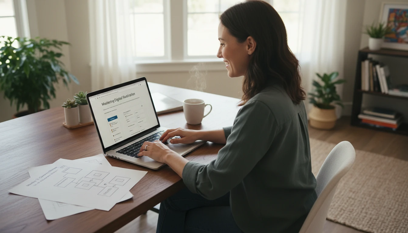 Course creator at a desk adding AI-generated quiz questions to an online course on a laptop