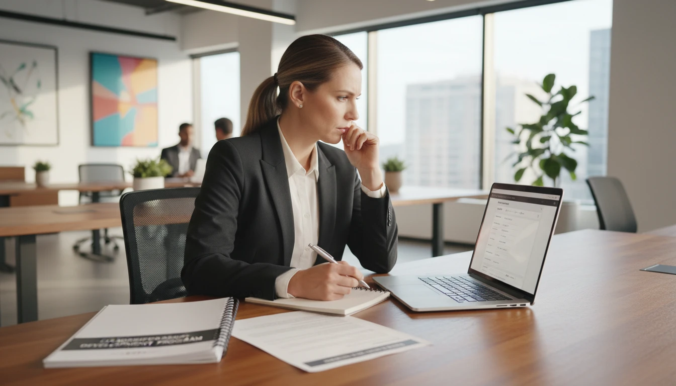 Corporate trainer at a desk generating assessment questions for an employee training program on a laptop