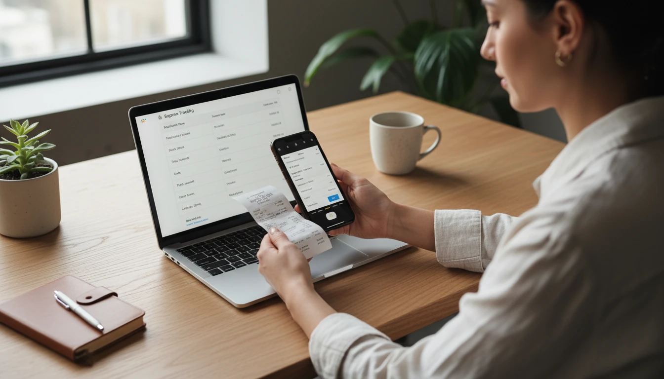 Person at a desk scanning a restaurant receipt with a phone camera for expense tracking
