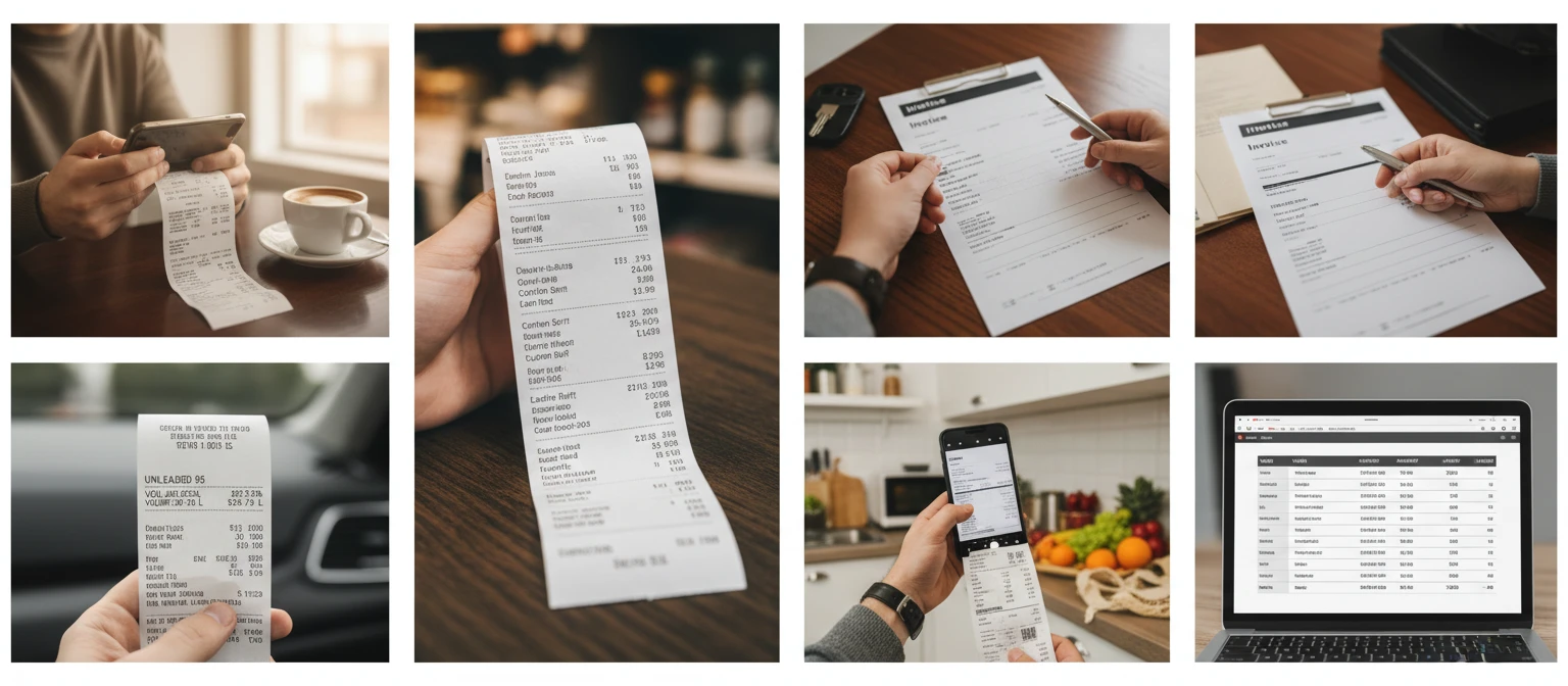 Wide collage of various receipt types being scanned โ restaurant, retail, fuel, hotel, and grocery receipts