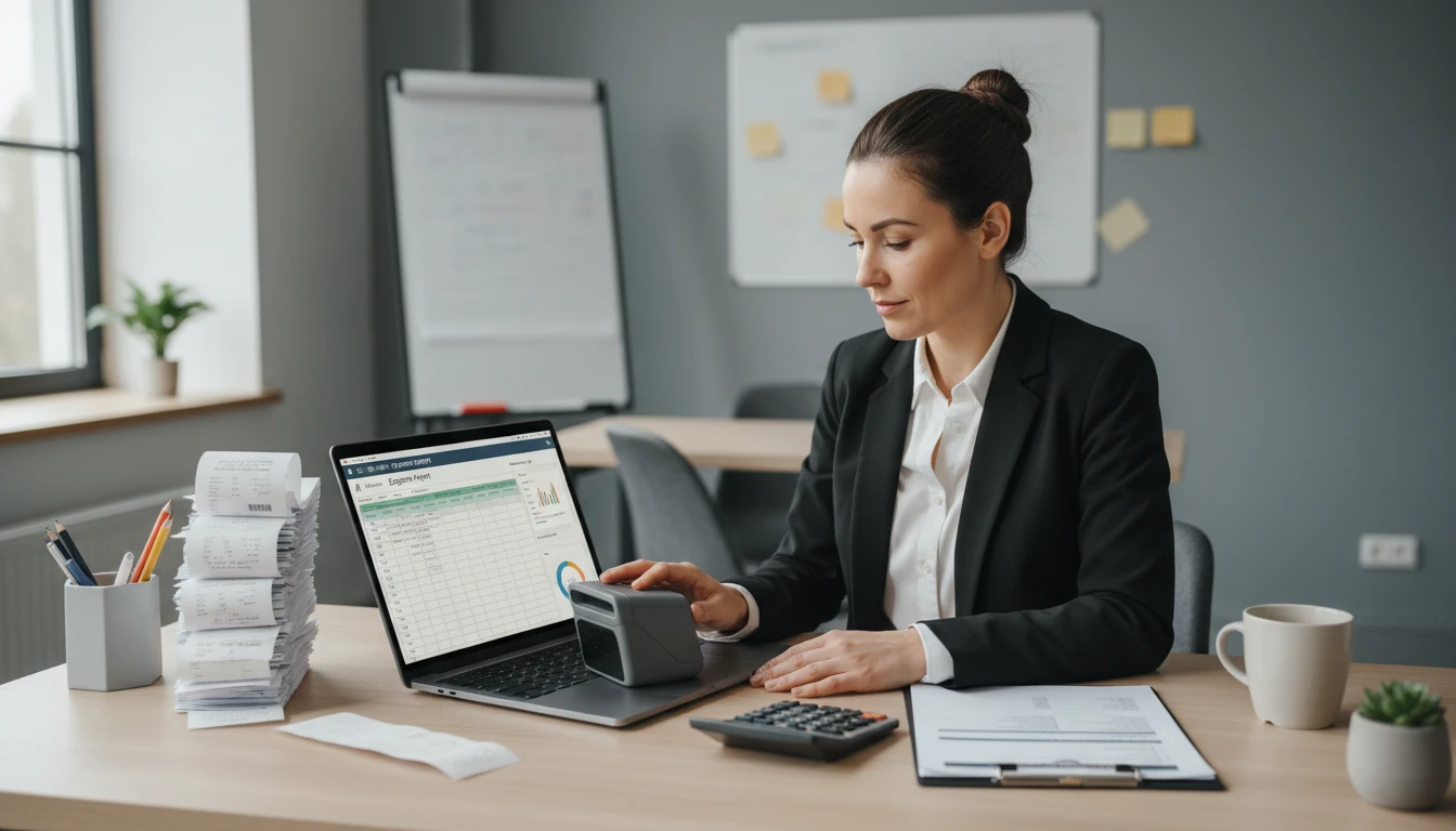 Accountant at a desk extracting full itemised data from a stack of receipts using an AI scanner on a laptop