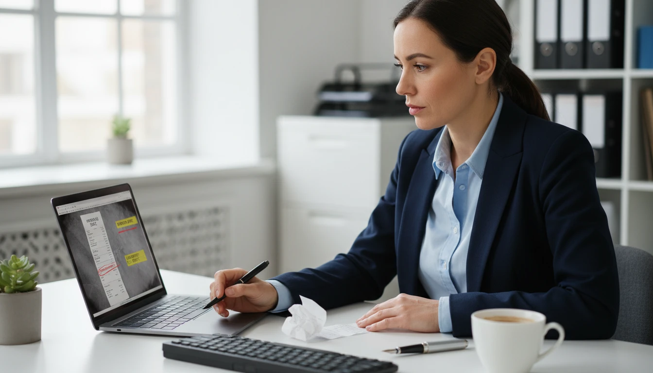 Finance team member reviewing a receipt scan with data quality notes highlighted on a laptop