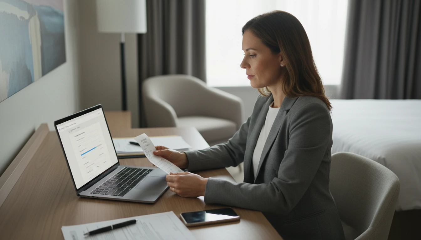 Business traveler at a hotel desk scanning a hotel receipt for an expense report on a laptop