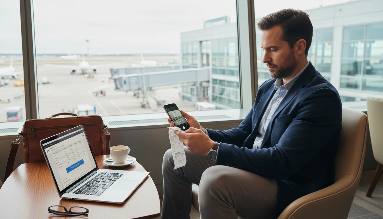 Business traveler at an airport scanning a taxi receipt for an expense report on a phone