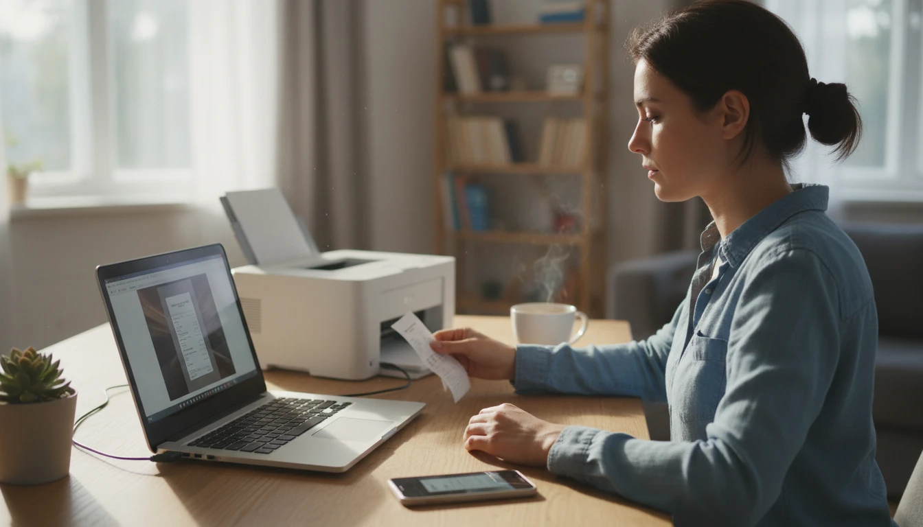 Freelancer at a home office scanning a receipt for a client meal expense on a laptop