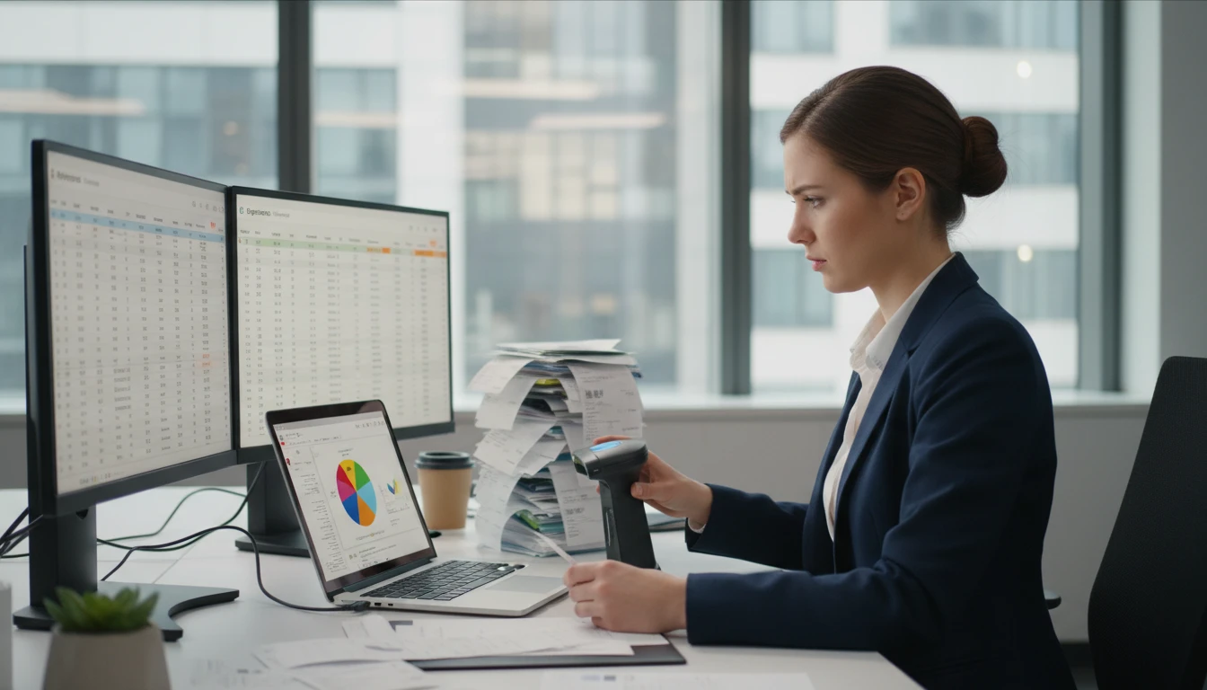 Accountant at a desk processing a stack of employee expense receipts using the AI scanner on a laptop