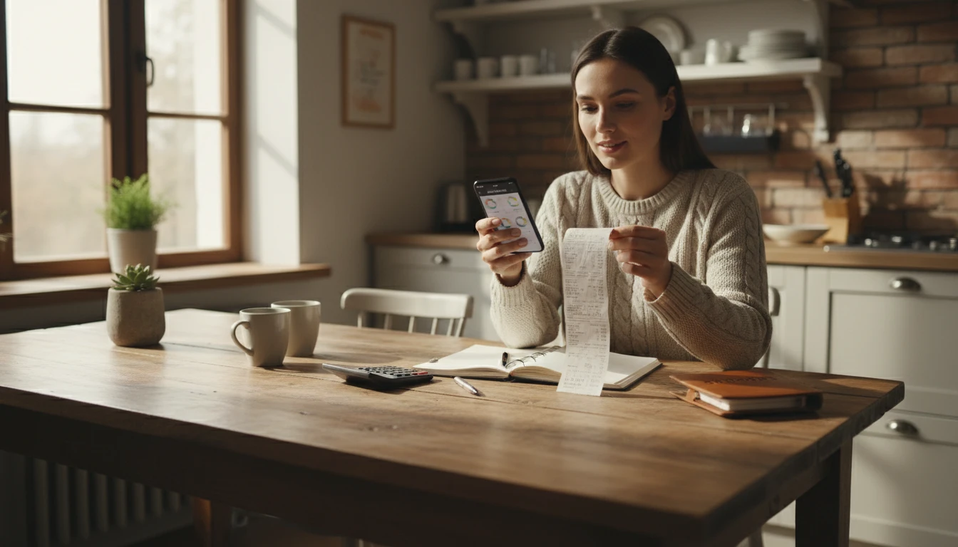 Person at home scanning a grocery receipt to track spending on a phone connected to a budgeting app