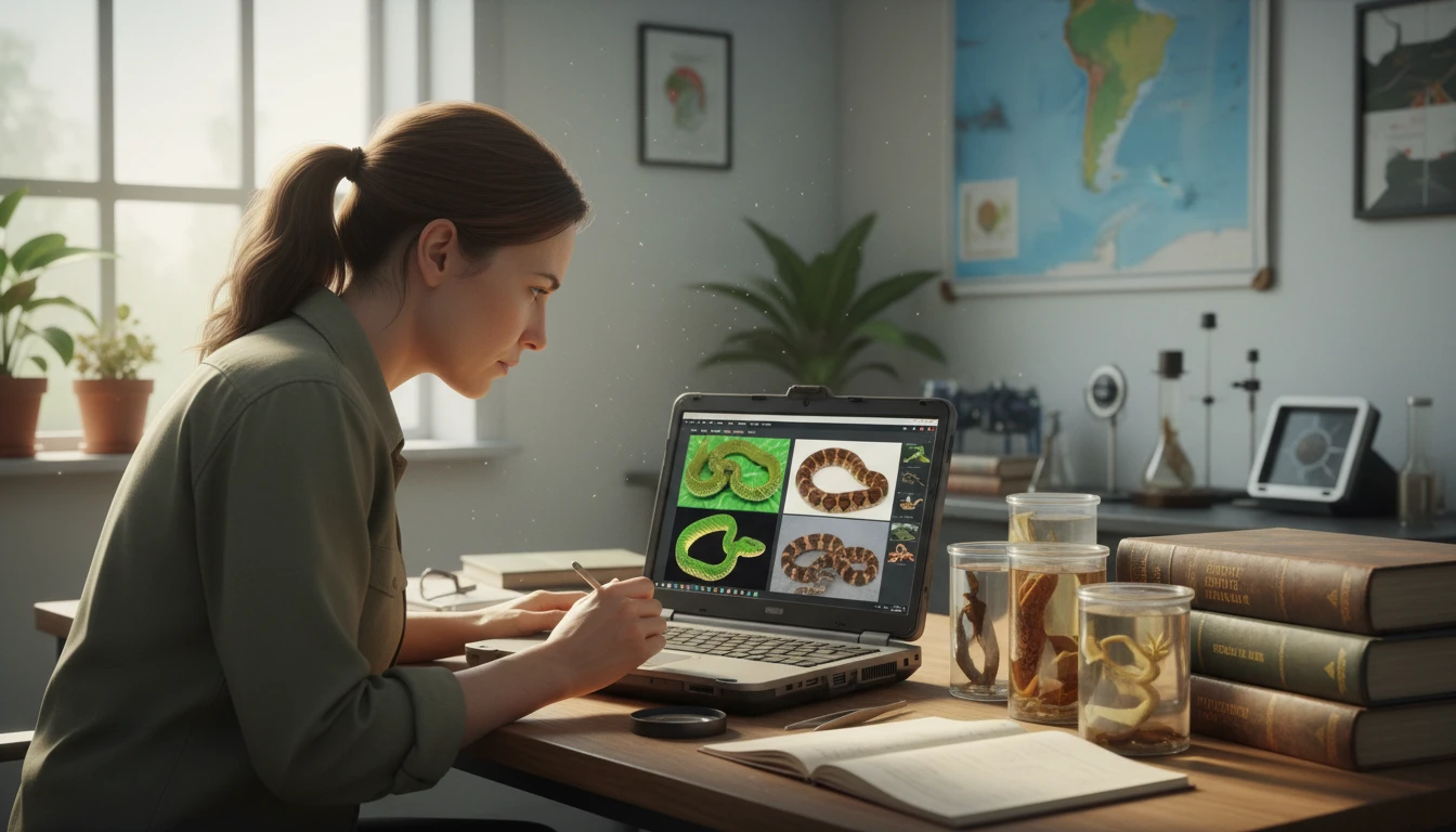 Wildlife researcher at a field station comparing reptile specimen photos on a laptop for species identification