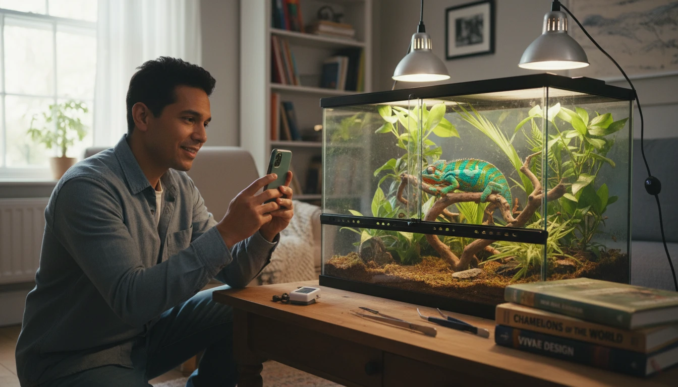 Reptile enthusiast at home photographing a lizard in an enclosure to identify the species on a phone