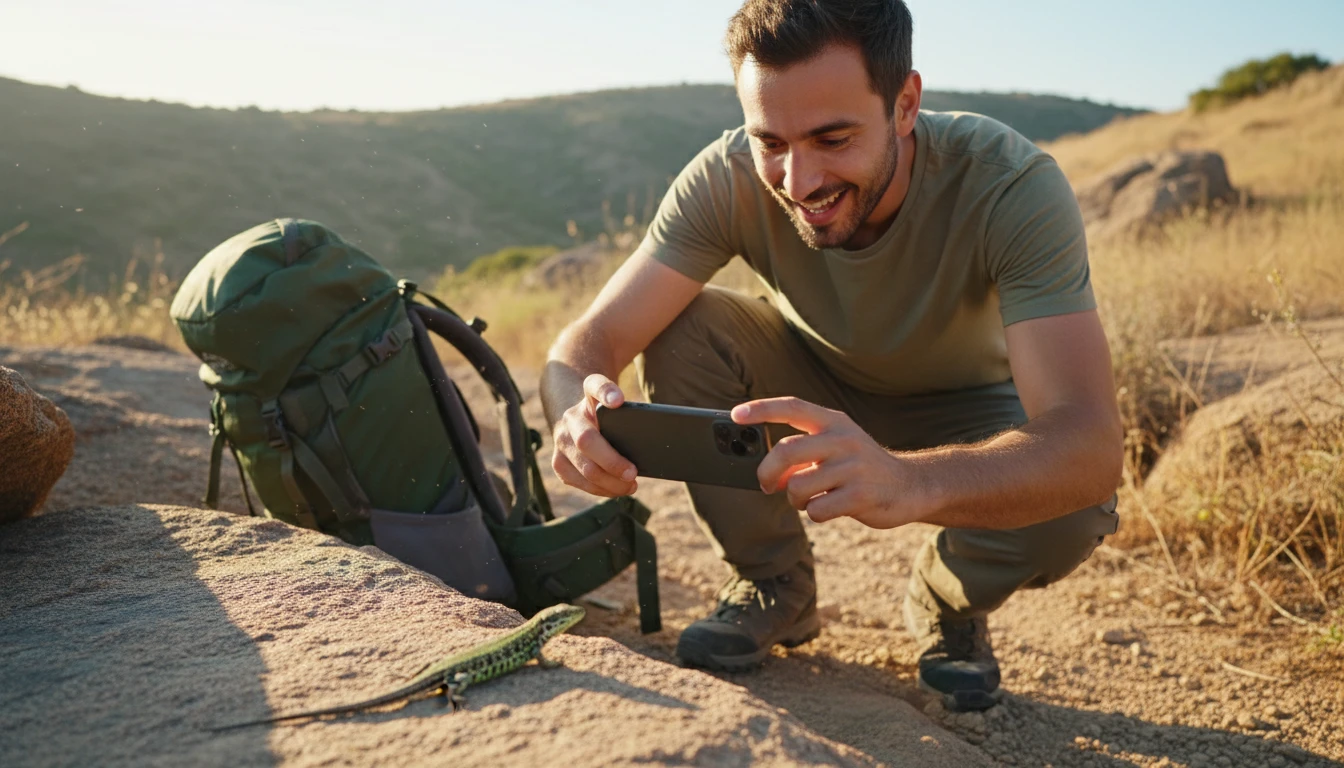 Hiker on a rocky trail photographing a lizard sunbathing on a stone to identify it with a phone
