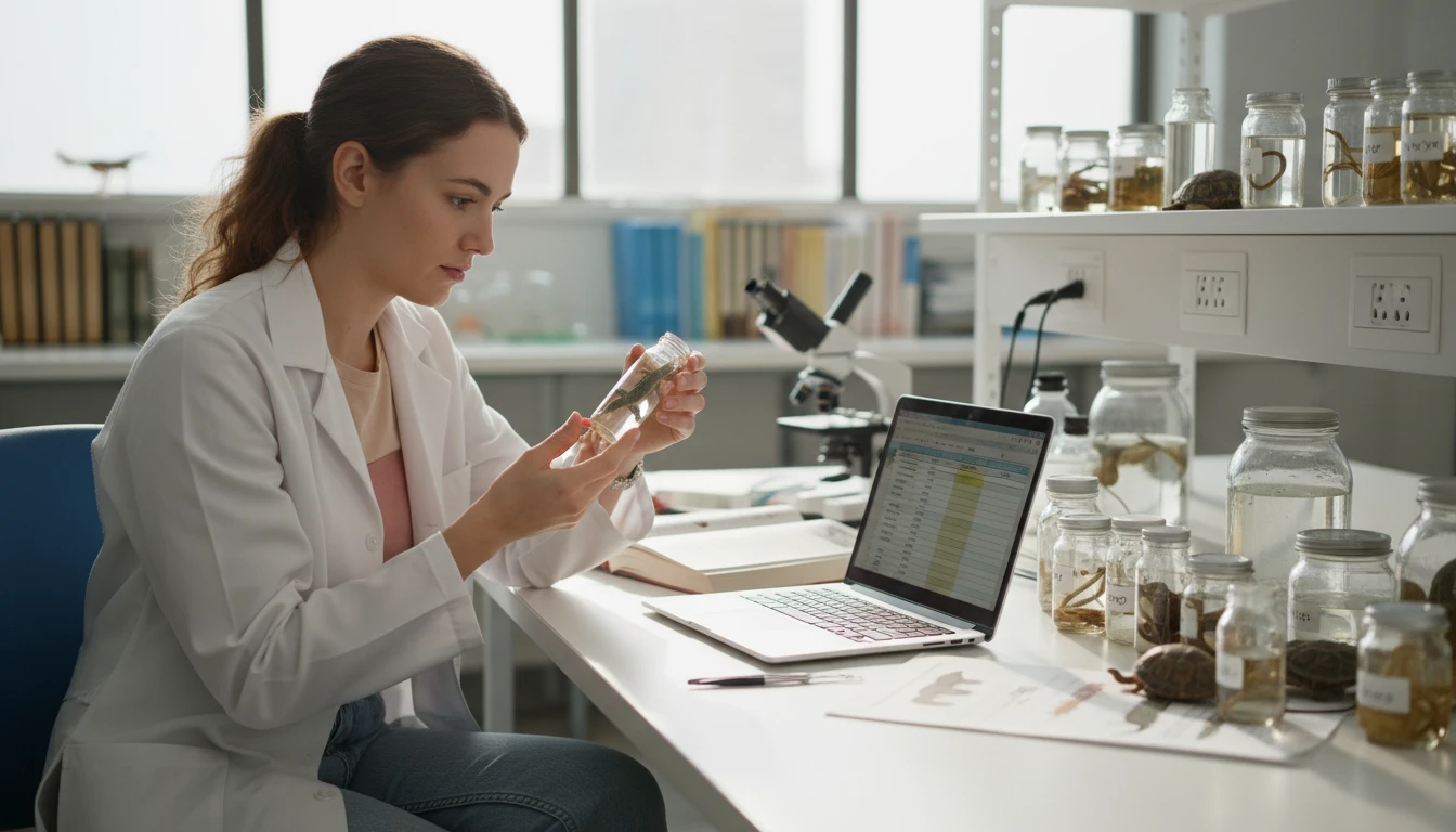 Herpetology student at a university lab studying reptile specimens and comparing identification features on a laptop